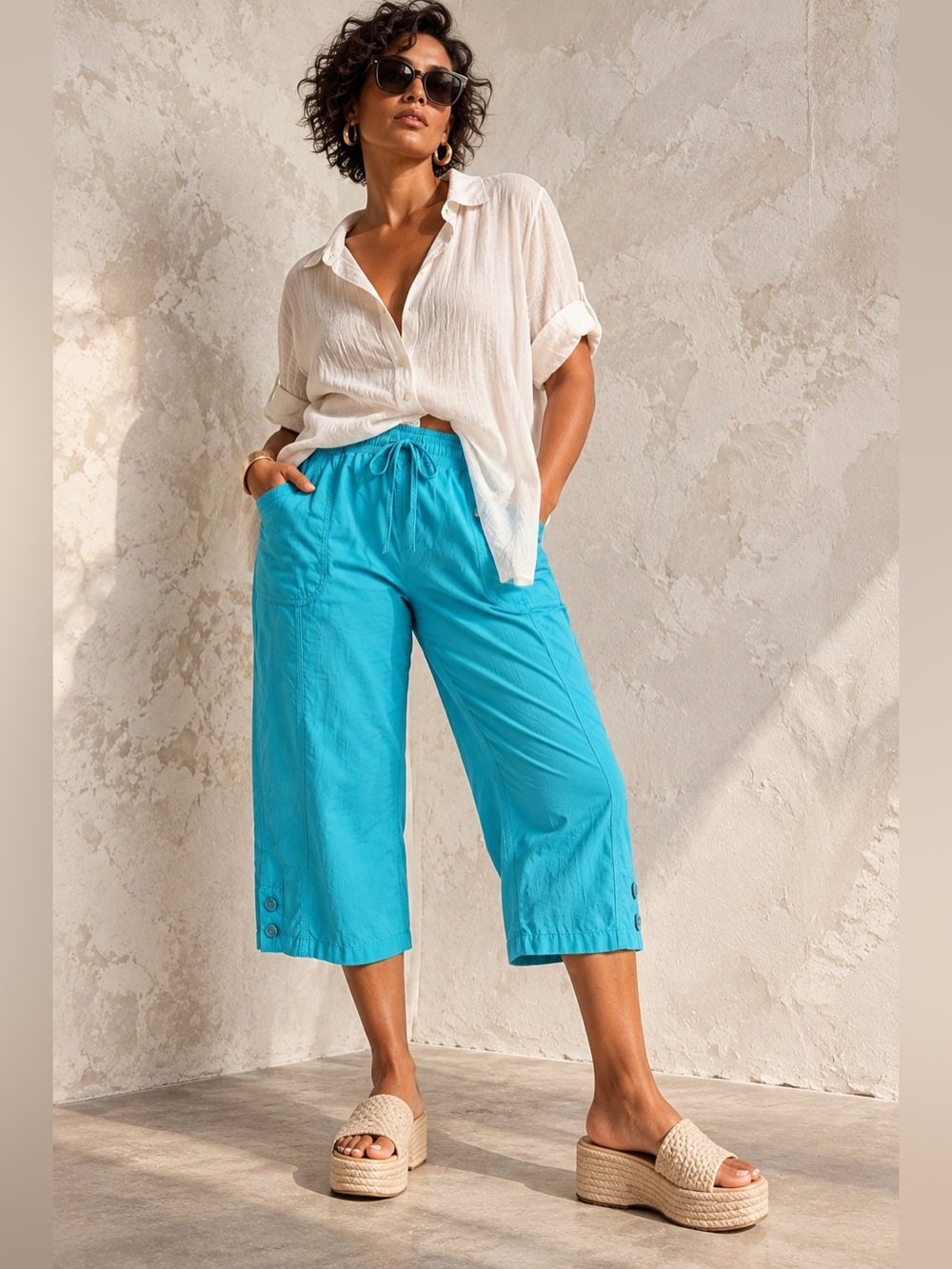 Erika Women's Aqua Blue Cotton Capri Pants Size 1X